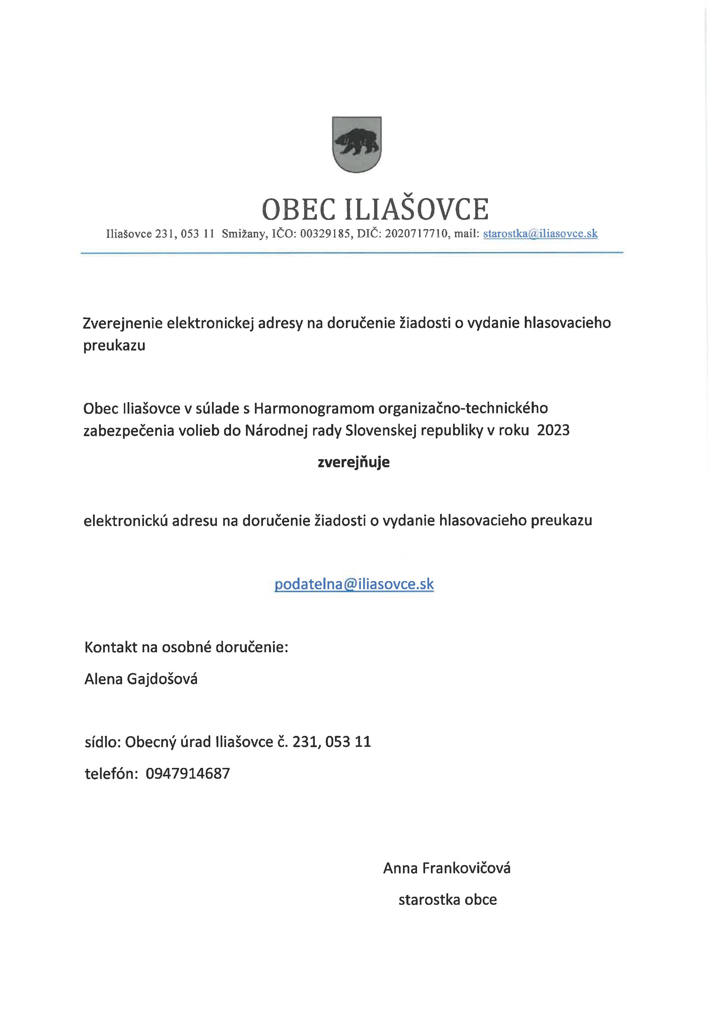 Zverejnenie elektronickej adresy na doručenie žiadosti o vydanie hlasovacieho preukazu