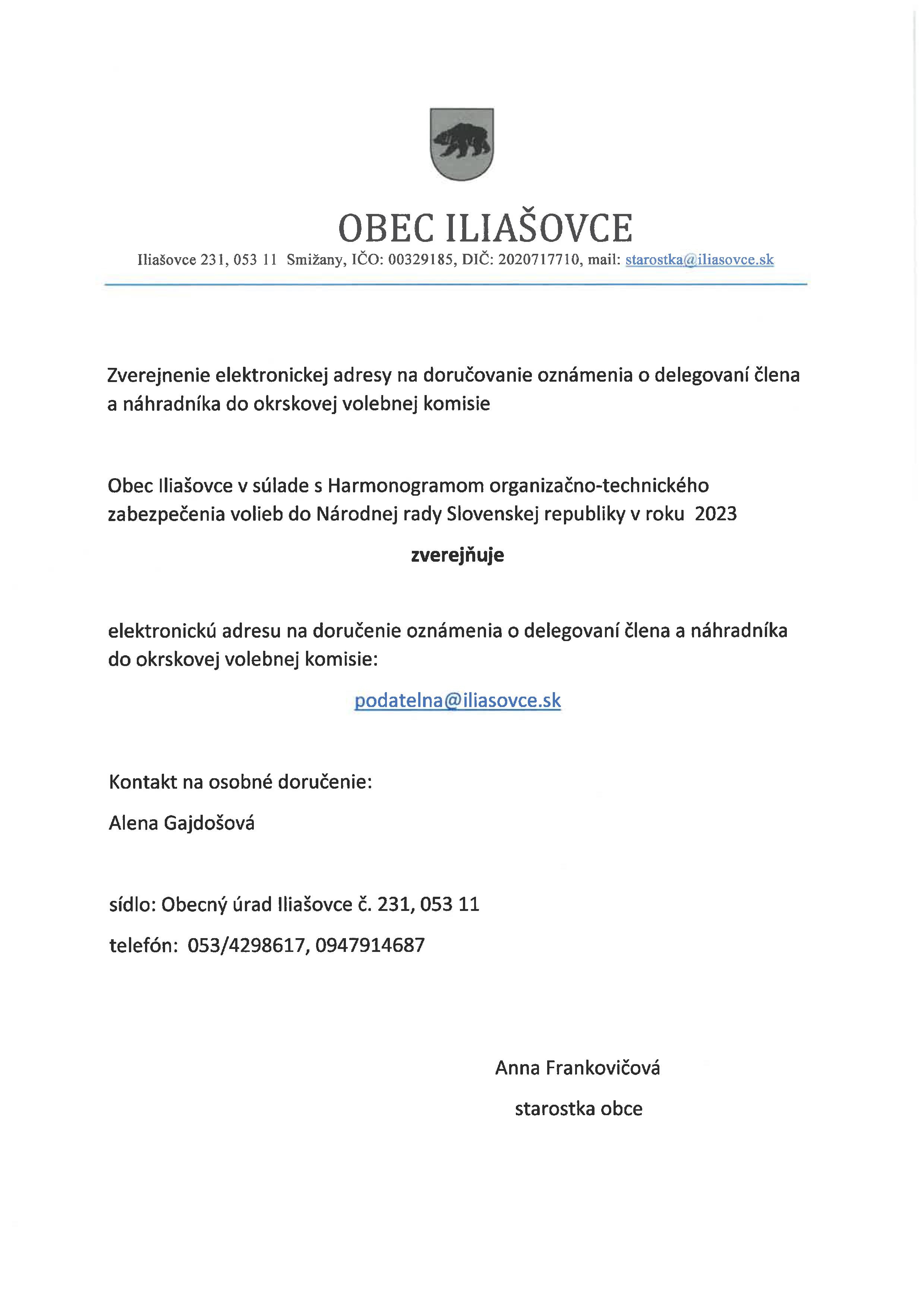 Zverejnenie elektronickej adresy na doručovanie oznámenia o delegovaní člena a náhradníka do okrskovej volebnej komisie