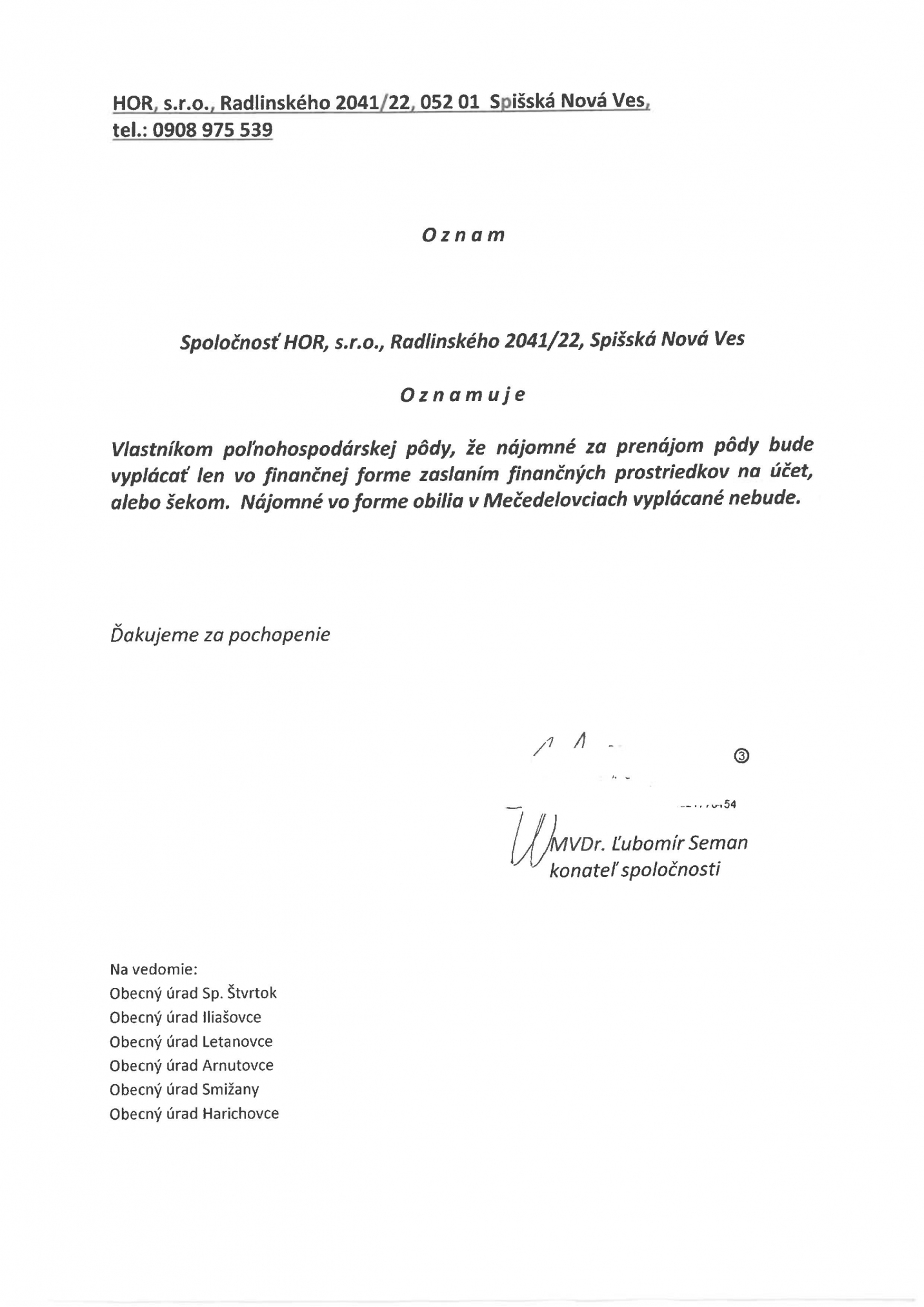 Fotka - Spoločnosť HOR, s.r.o. oznamuje
